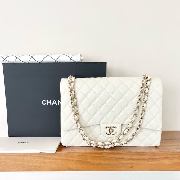 Chanel white caviar maxi flap bag champagne gold hardware with box and receipt - Picture 1 of 16